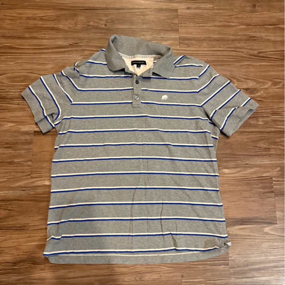 vintage Banana Republic grey and blue striped polo shirt